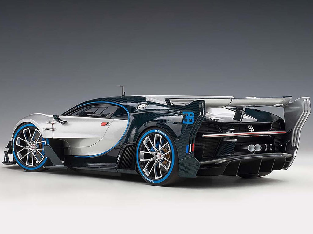 Bugatti Vision Gran Turismo "16" Argent Silver and Blue Carbon Fiber 1/18 Model Car by Autoart
