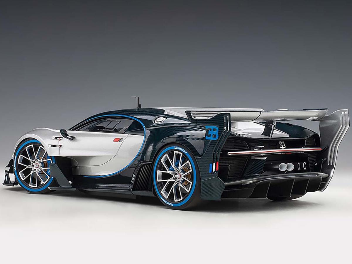 Bugatti Vision Gran Turismo "16" Argent Silver and Blue Carbon Fiber 1/18 Model Car by Autoart