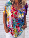 Ladies V-neck Printed Short-sleeved T-shirt