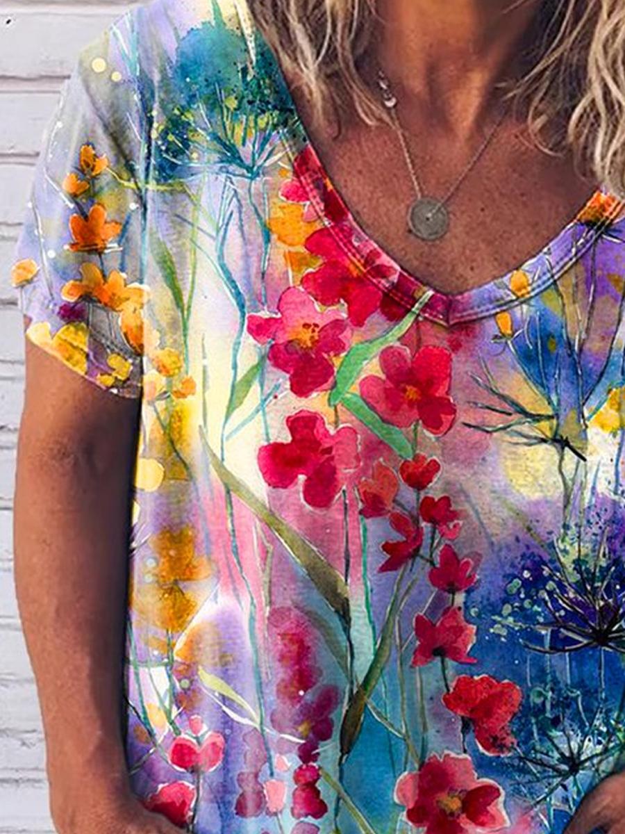 Ladies V-neck Printed Short-sleeved T-shirt