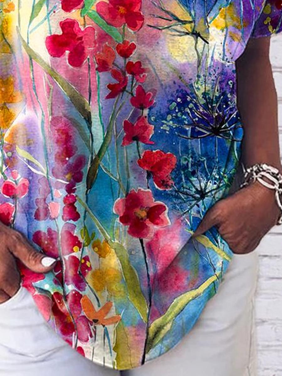 Ladies V-neck Printed Short-sleeved T-shirt