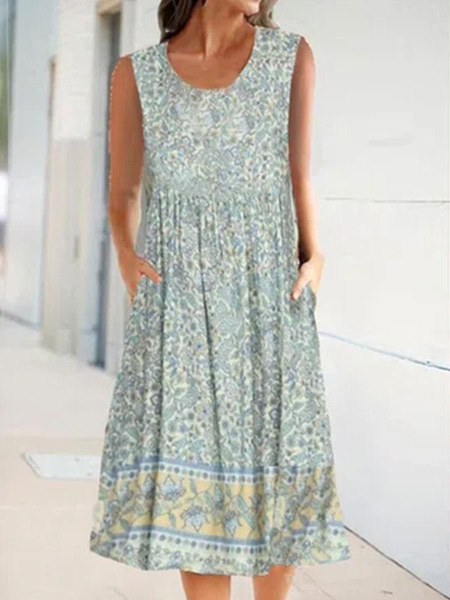 Round Neck Fashion Floral Print Sleeveless Shift Dress