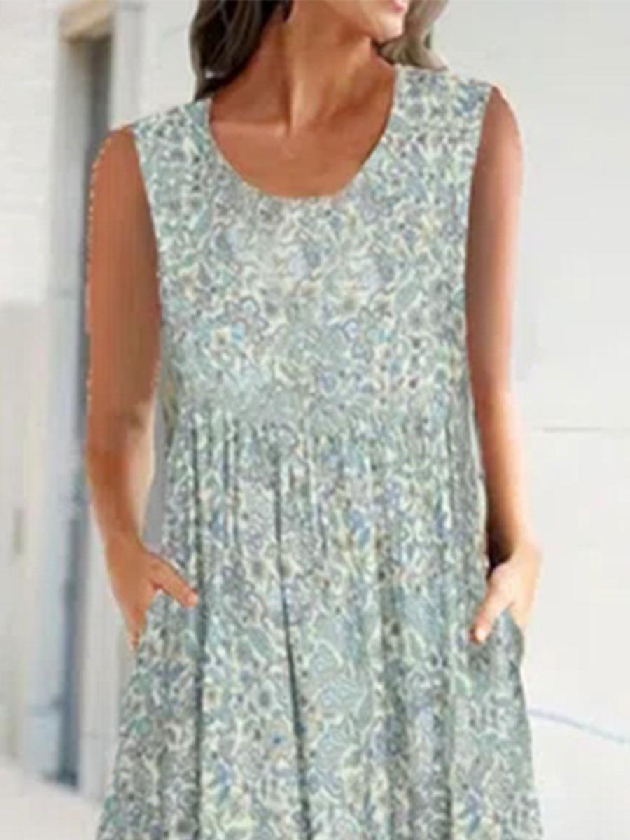 Round Neck Fashion Floral Print Sleeveless Shift Dress