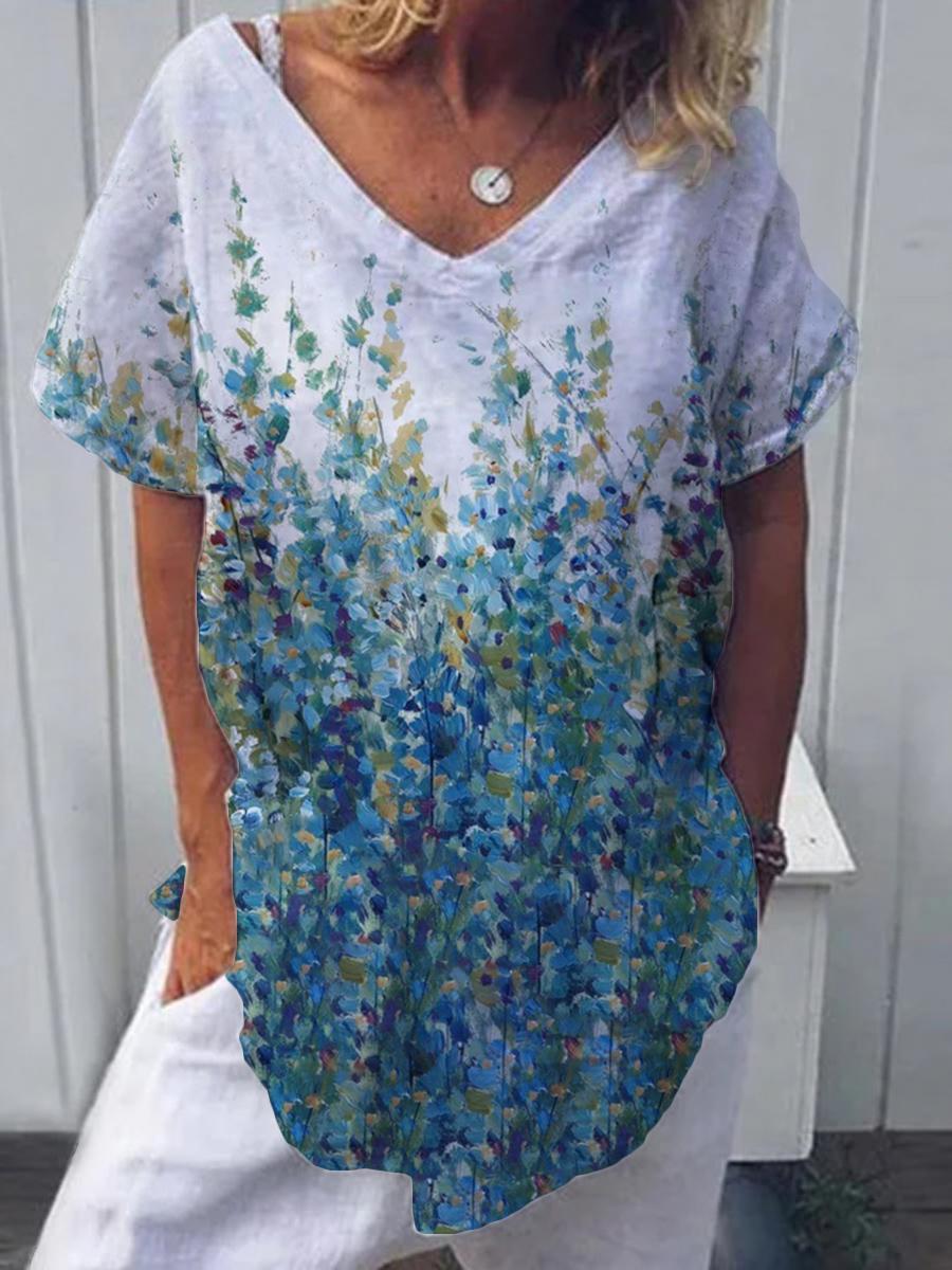 Ladies V-neck Casual Leaf Printed Long Top