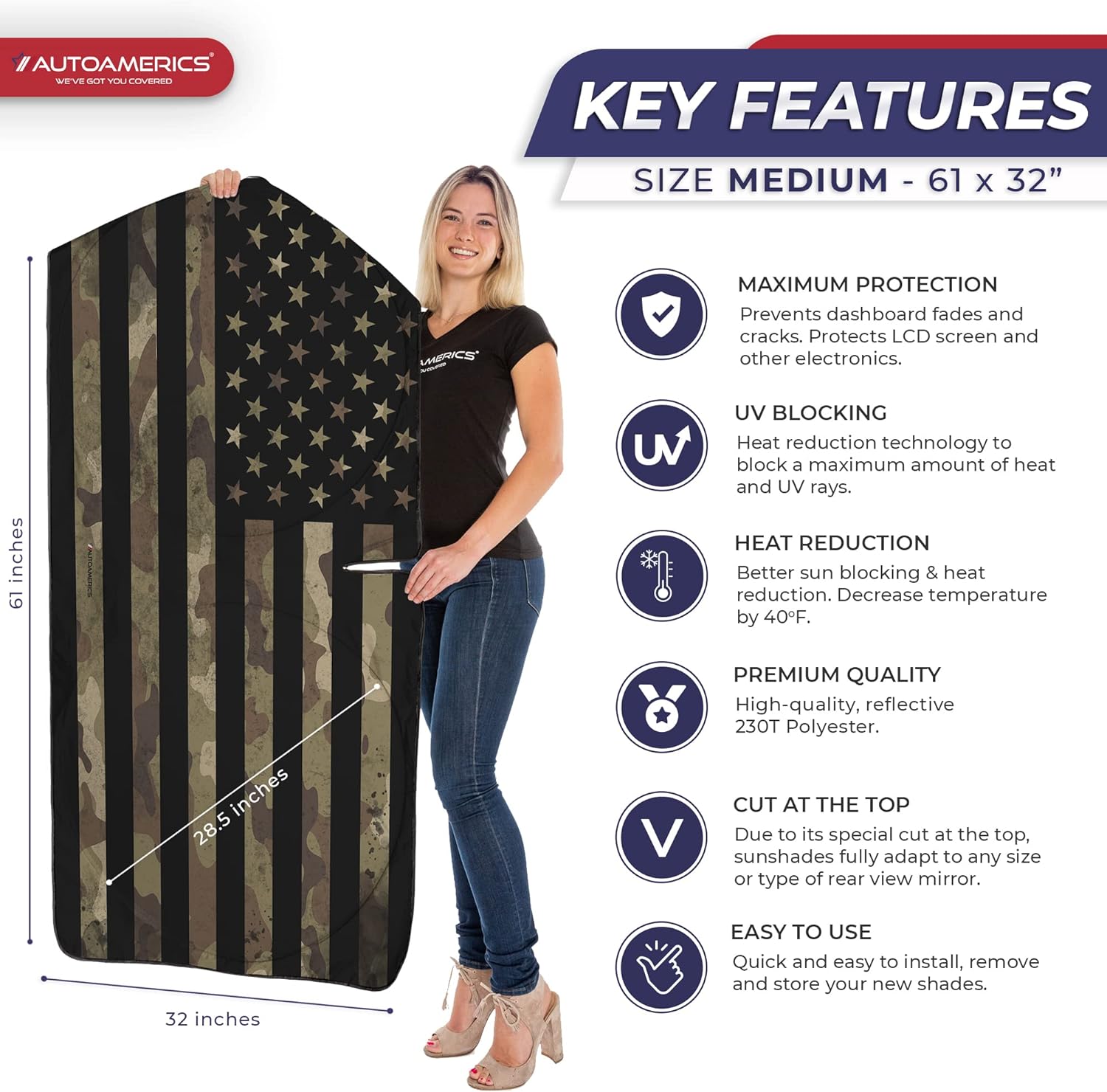 Autoamerics 1-Piece Windshield Sun Shade Dark Camo American Flag USA  - Foldable Car Front Window Sunshade for Most Sedans SUV Truck - Blocks Max UV Rays and Keeps Your Vehicle Cool - Medium