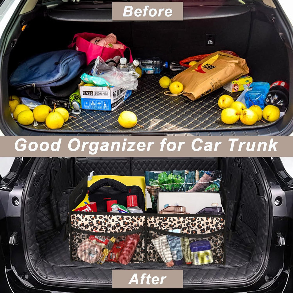 Car Trunk Organzier for suv,Car Organziers and Storage with 6 Big Pocket,Car Accessories for Women/Men 70L Waterproof Polyester Trunk Organzier for Car/SUV/Minivan/Truck(Large, Leopard print)