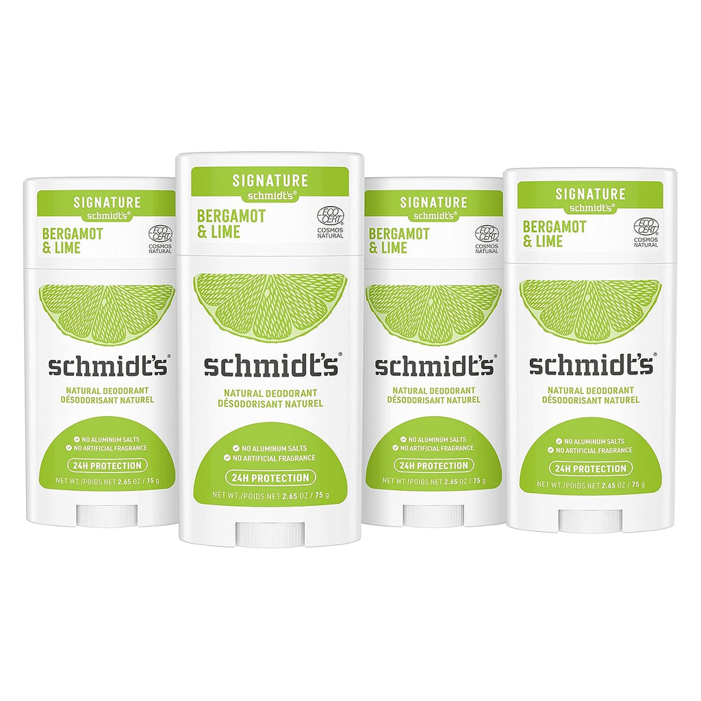 Schmidt's Aluminum Free Natural Deodorant For Women and Men, Bergamot &amp; Lime with 24 Hour Odor Protection, Certified Cruelty Free, Vegan Deodorant, 2.65oz 4-pk