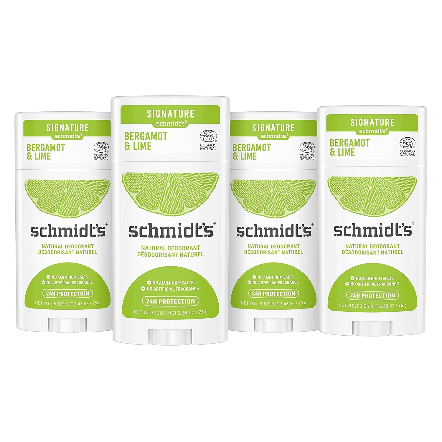 Schmidt's Aluminum Free Natural Deodorant For Women and Men, Bergamot &amp; Lime with 24 Hour Odor Protection, Certified Cruelty Free, Vegan Deodorant, 2.65oz 4-pk