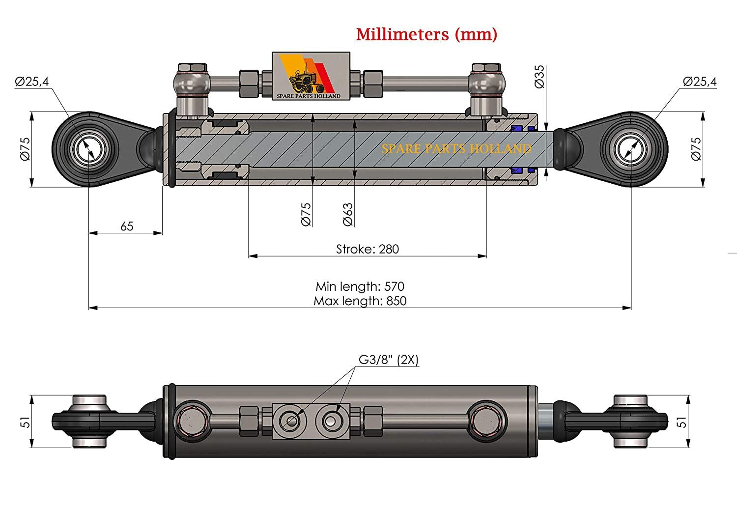 Hydraulic Top Link Cat. 2-2 with LocBlock 22 3/8” - 33 1/2 with 2 x Hose