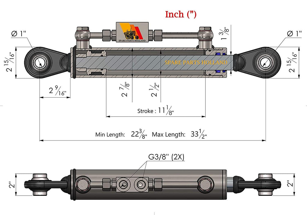 Hydraulic Top Link Cat. 2-2 with LocBlock 22 3/8” - 33 1/2 with 2 x Hose