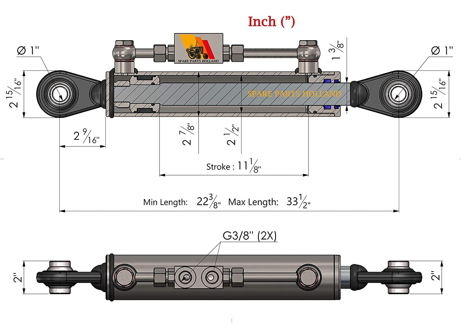 Hydraulic Top Link Cat. 2-2 with LocBlock 22 3/8” - 33 1/2 with 2 x Hose