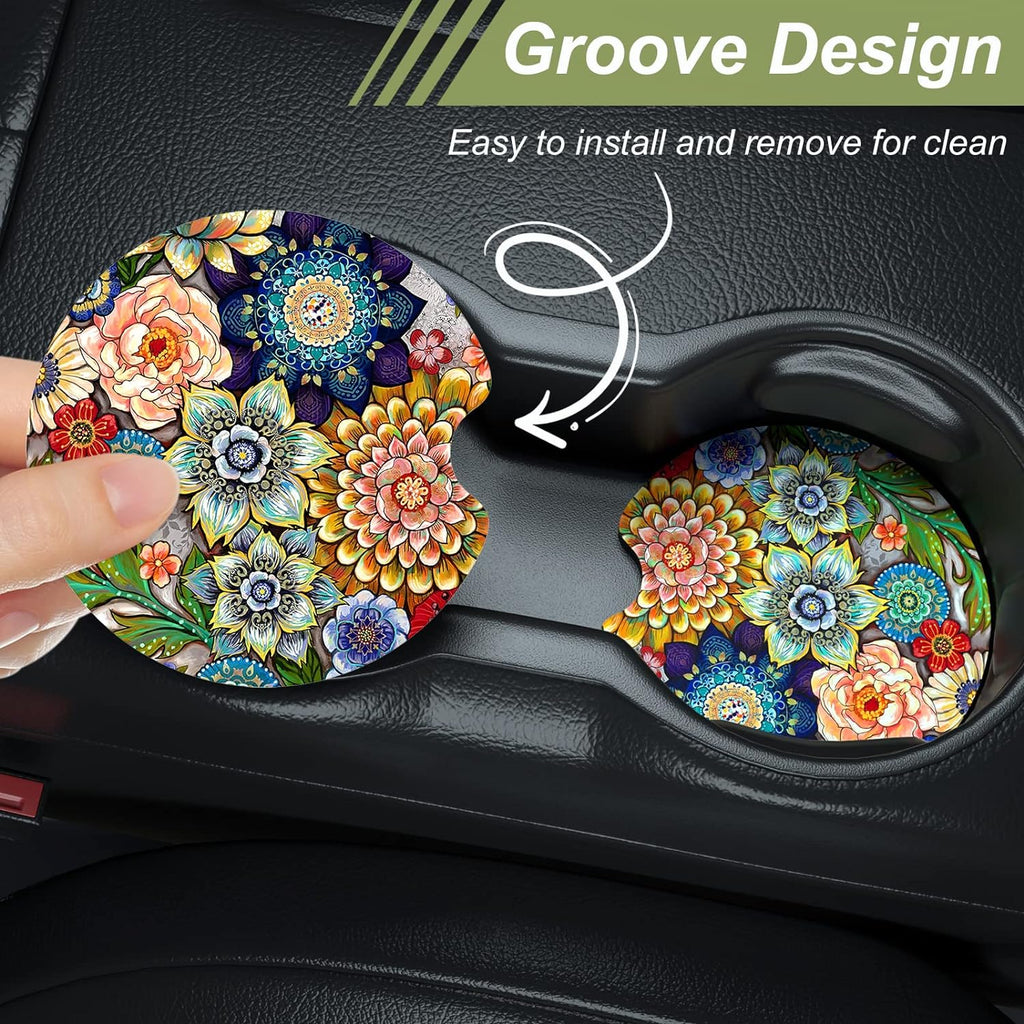 Nipichsha Car Cup Holder Coasters, Car Coasters for Cup Holders, 2 Pack Universal Anti Slip Insert Coaster, Rubber Car Cup Mat with A Finger Notch, Cute Car Interior Accessories for Women Men(Mandala)
