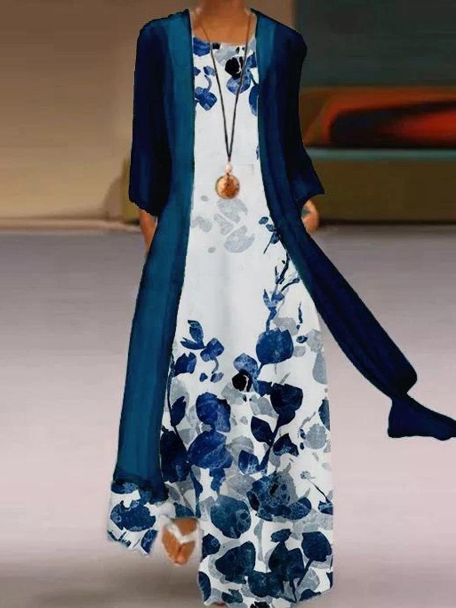 Ladies Round Neck Floral Print Fashion Maxi Dress