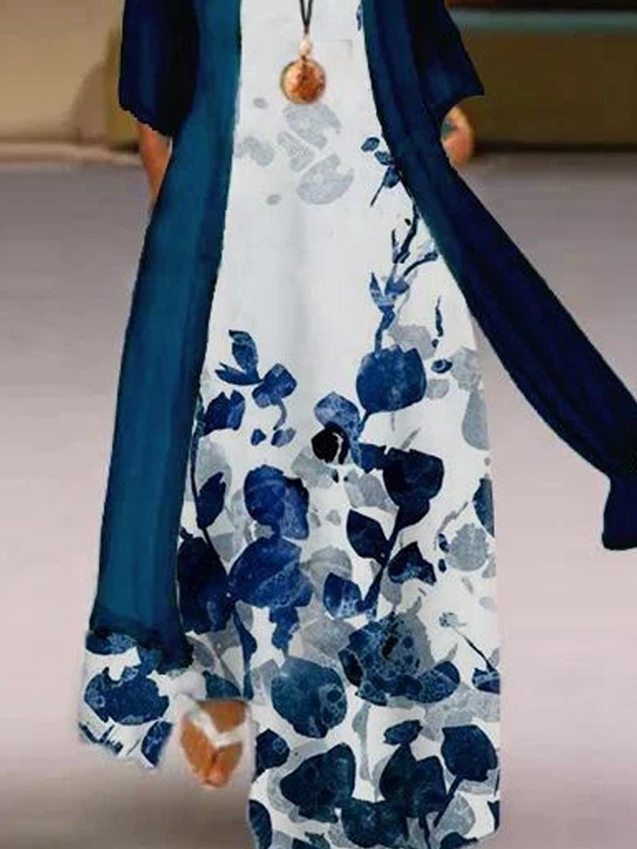 Ladies Round Neck Floral Print Fashion Maxi Dress