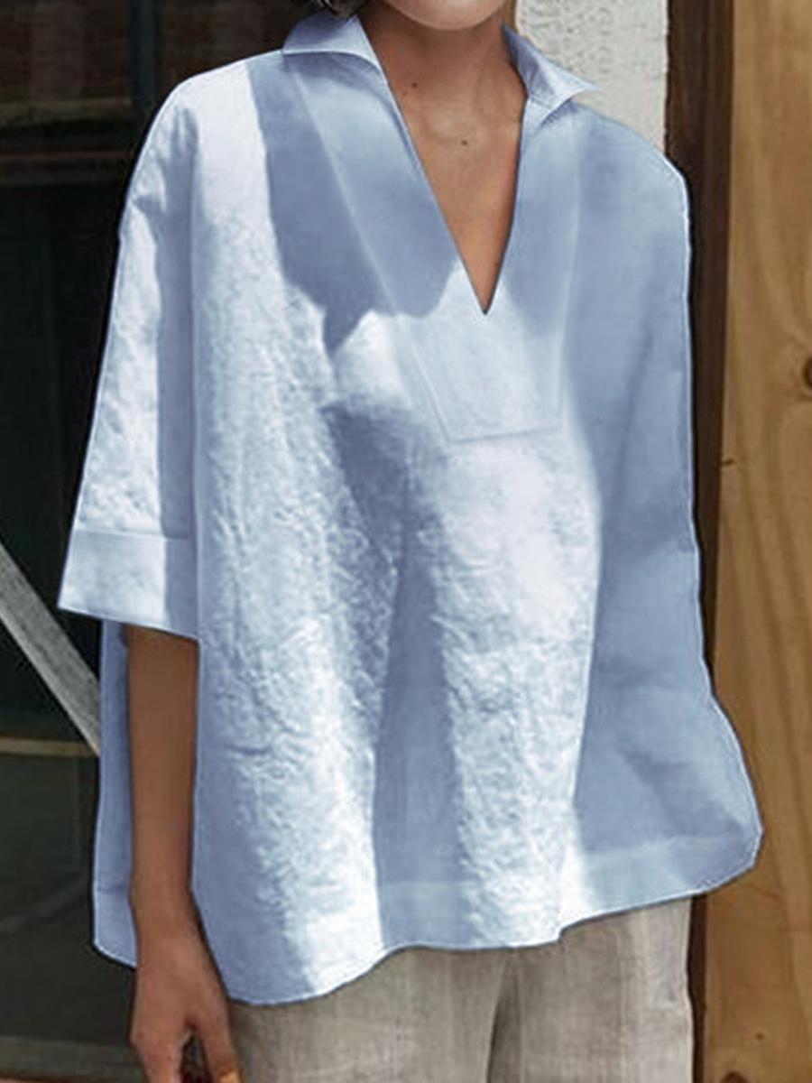 Turn Down Collar Plain Short Sleeve Linen Blouse