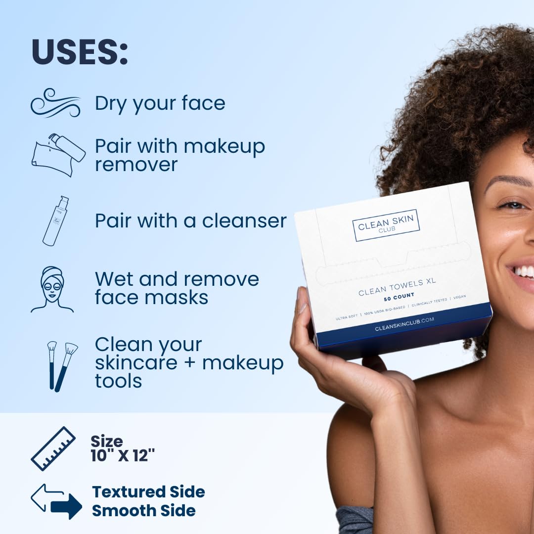 Clean Skin Club Clean Towels XL, 100% USDA Biobased Dermatologist Approved Face Towel, Disposable Clinically Tested Face Towelette, Facial Washcloth, Makeup Remover Dry Wipes, 100 ct, 2 pack