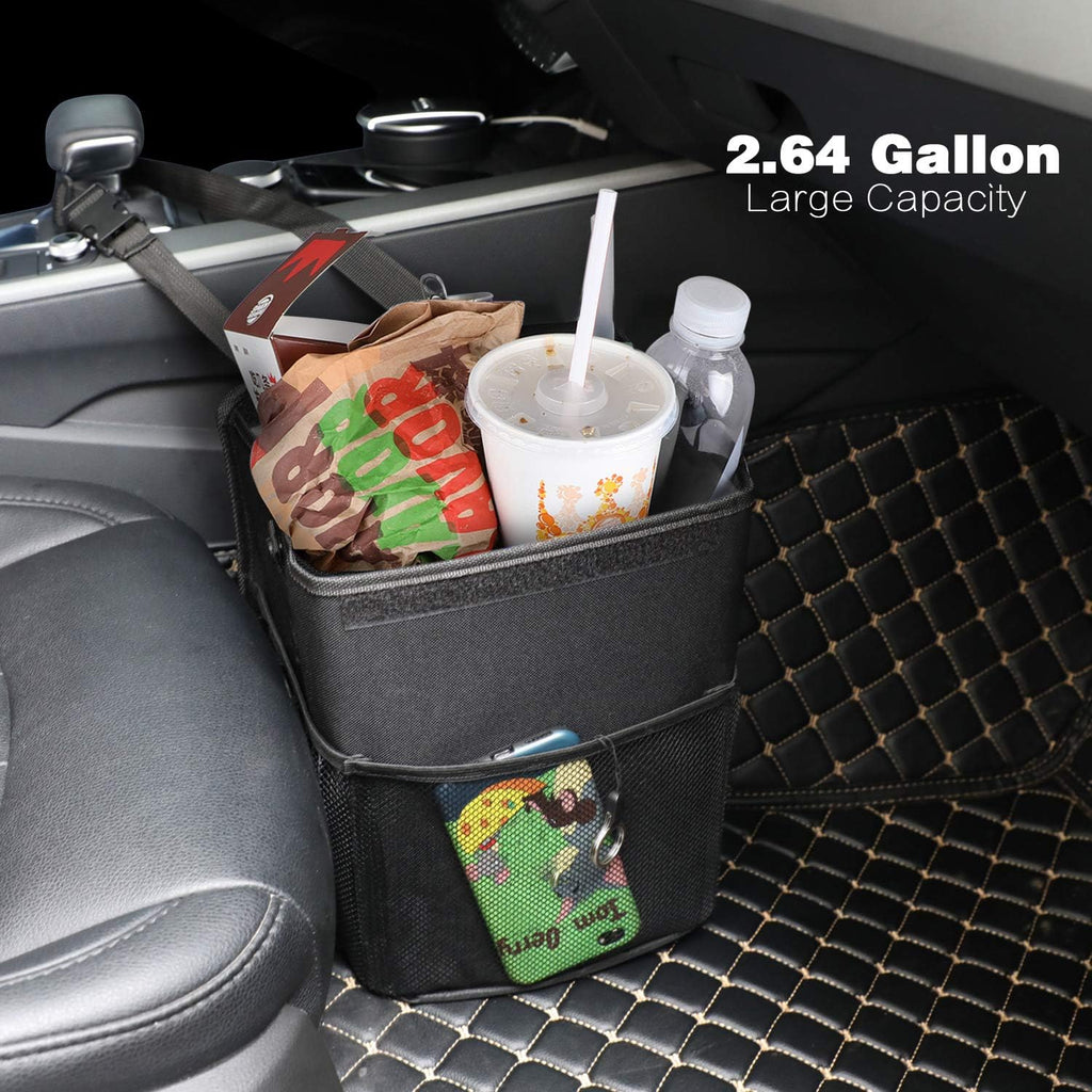 PowerTiger CAR ACCESSORIES Hanging Car Trash Can Bin - Car Garbage Cans Bag with Lid &amp; 3 Mesh Storage Pockets 2.64 Gallon