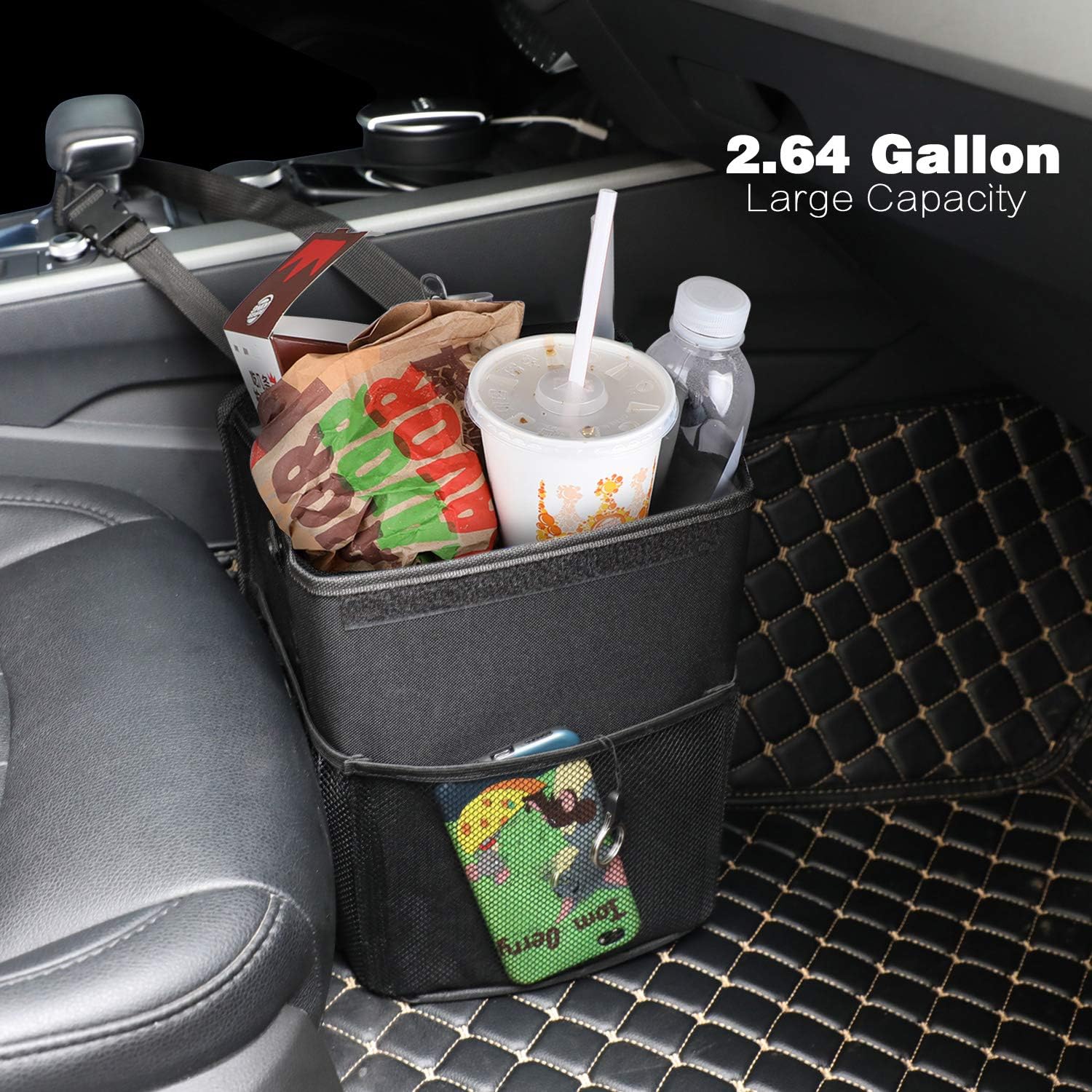 PowerTiger CAR ACCESSORIES Hanging Car Trash Can Bin - Car Garbage Cans Bag with Lid &amp; 3 Mesh Storage Pockets 2.64 Gallon