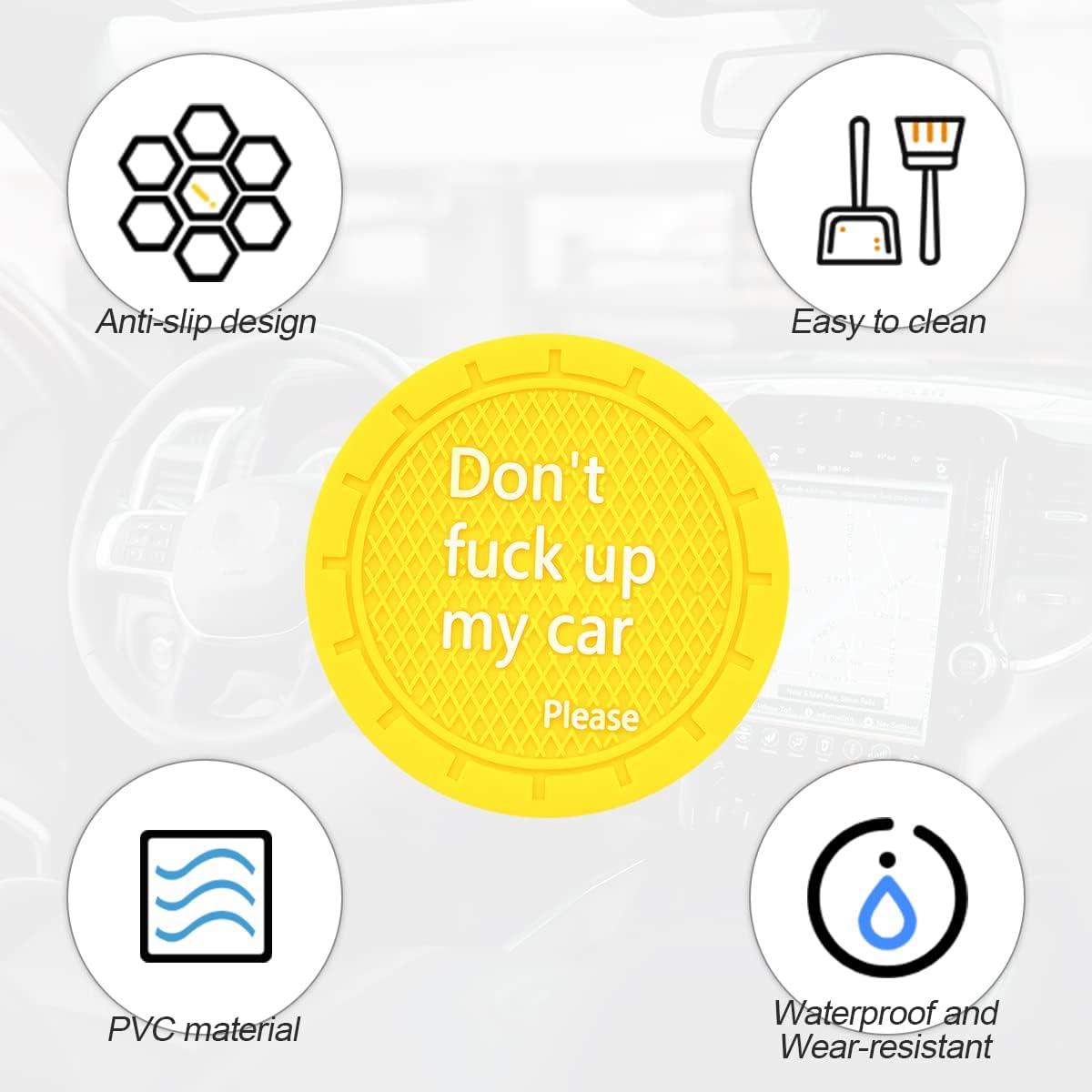 2 Pack Car Cup Holder Coasters, 2.75 Inch Non-Slip PVC Insert Cup Coaster, Anti-Scratch Auto Cup Mats for Women Men, Vehicle Interior Accessories Universal for Car, SUV, Truck (D Yellow/2PCS)