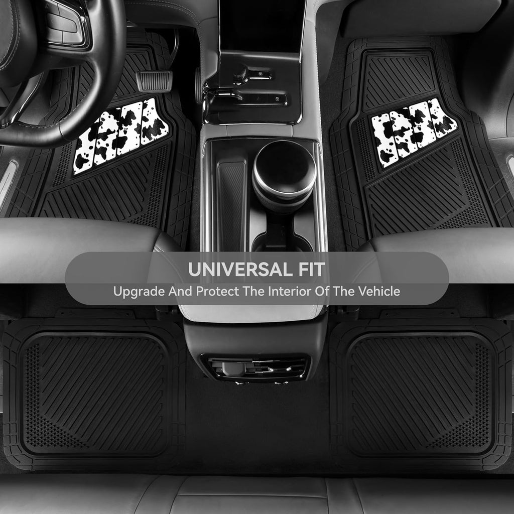 CAR PASSHeavy Duty Rubber Floor Mats Cow Print Car Mats 4-Piece Car Mat Set - Universal Waterproof Floor Mats for Car SUV Truck, Durable All-Weather Mats