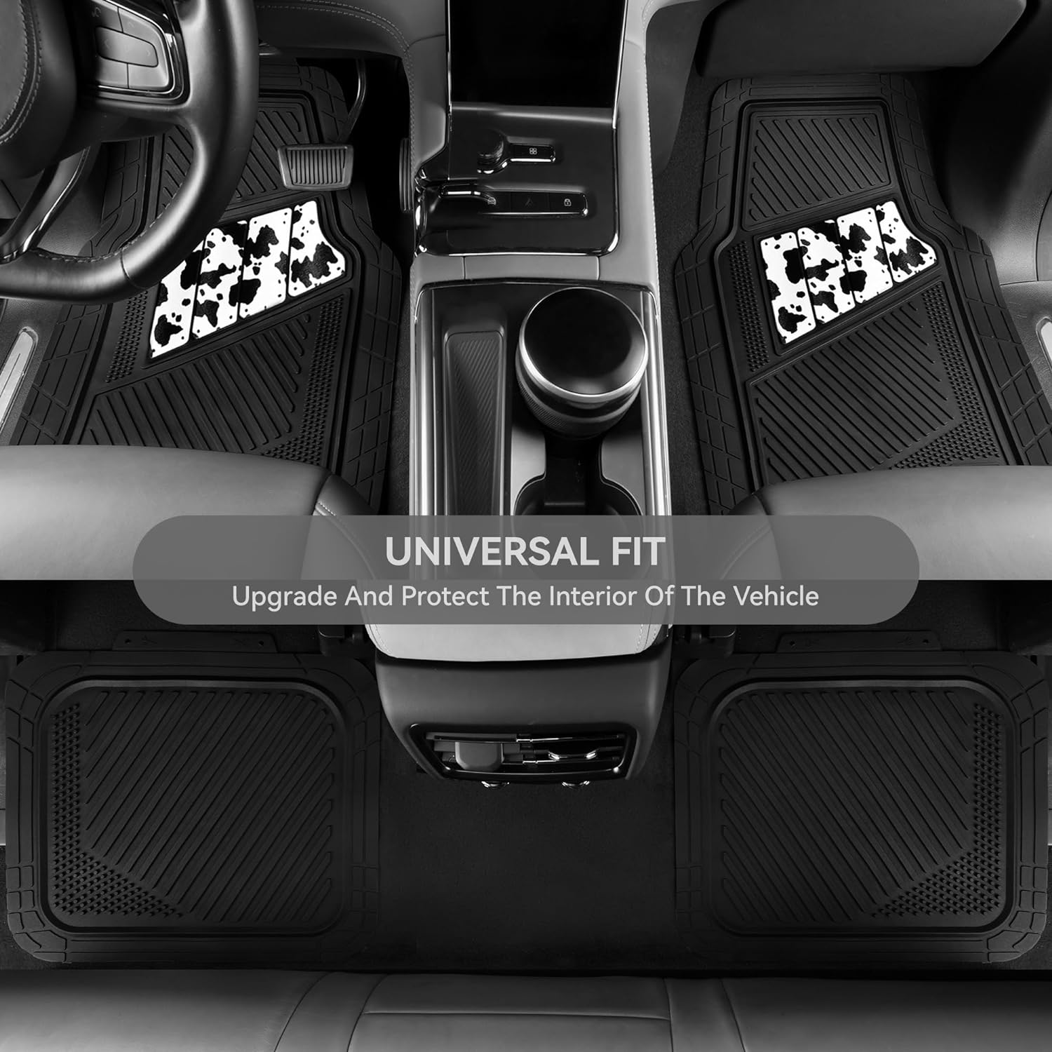 CAR PASSHeavy Duty Rubber Floor Mats Cow Print Car Mats 4-Piece Car Mat Set - Universal Waterproof Floor Mats for Car SUV Truck, Durable All-Weather Mats