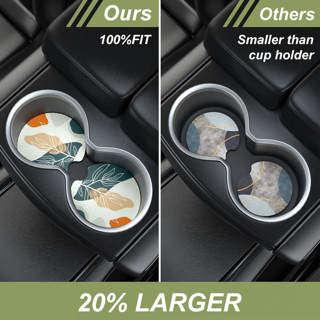 Nipichsha Car Cup Holder Coasters, Car Coasters for Cup Holders, 2 Pack Anti Slip Insert Coasters, Rubber Car Cup Mat with A Finger Notch, Cute Car Interior Accessories for Women (Abstract Boho Leaf)