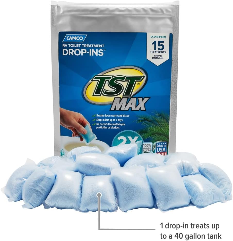 Camco TST MAX RV Toilet Treatment Drop-INs | Control Unwanted Odors and Break Down Waste and Tissue | Septic Tank Safe | Ocean Breeze Scent | 15-pack (41614)