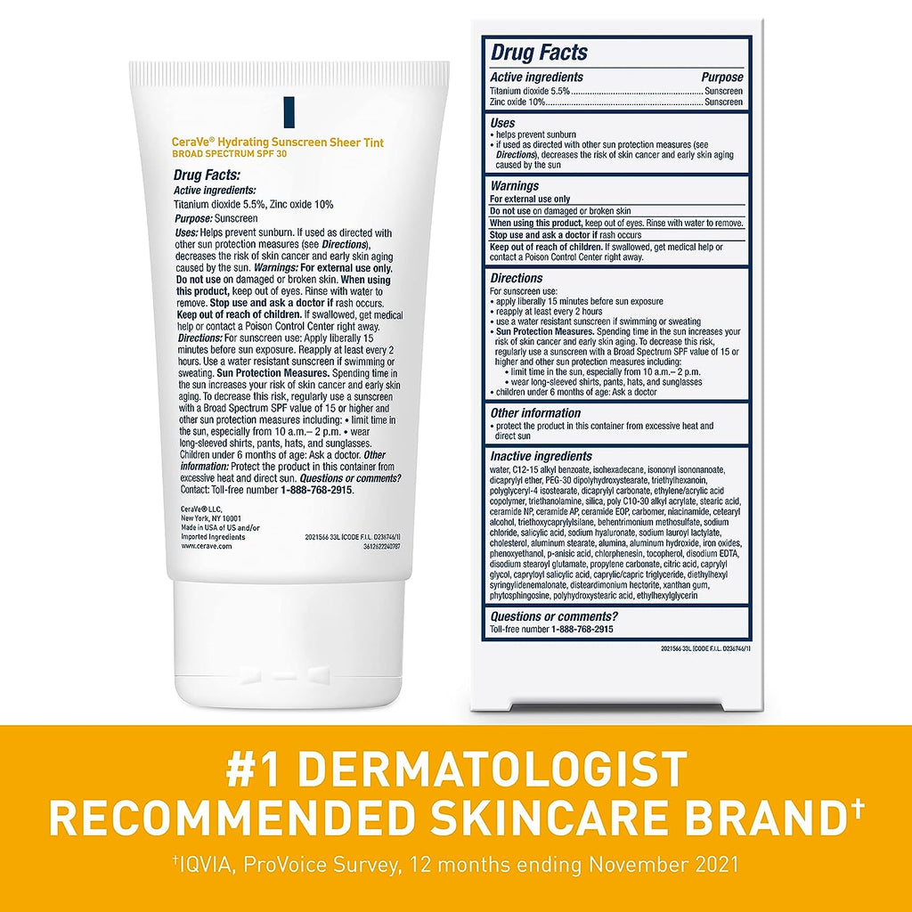CeraVe Tinted Sunscreen with SPF 30 | Hydrating Mineral Sunscreen With Zinc Oxide &amp; Titanium Dioxide | Sheer Tint for Healthy Glow | 1.7 Fluid Ounce