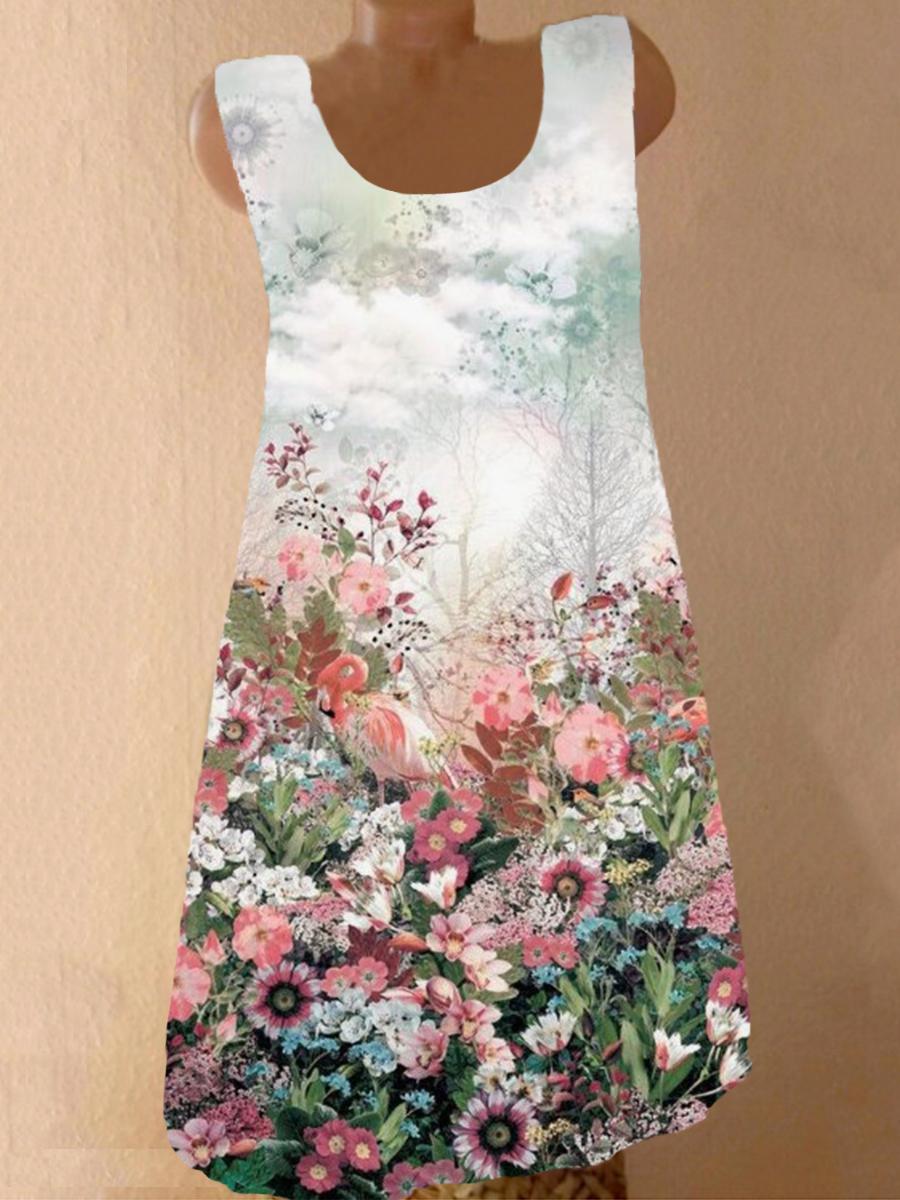 Round Neck Floral Printed Shift Dress