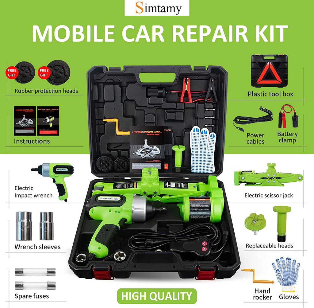 Simtamy Electric Car Jack Kit 3 Ton(6,600lb) 12V Scissor Jack with Electric Impact Wrench, Portable Emergency Car Lift Tire ChanTools