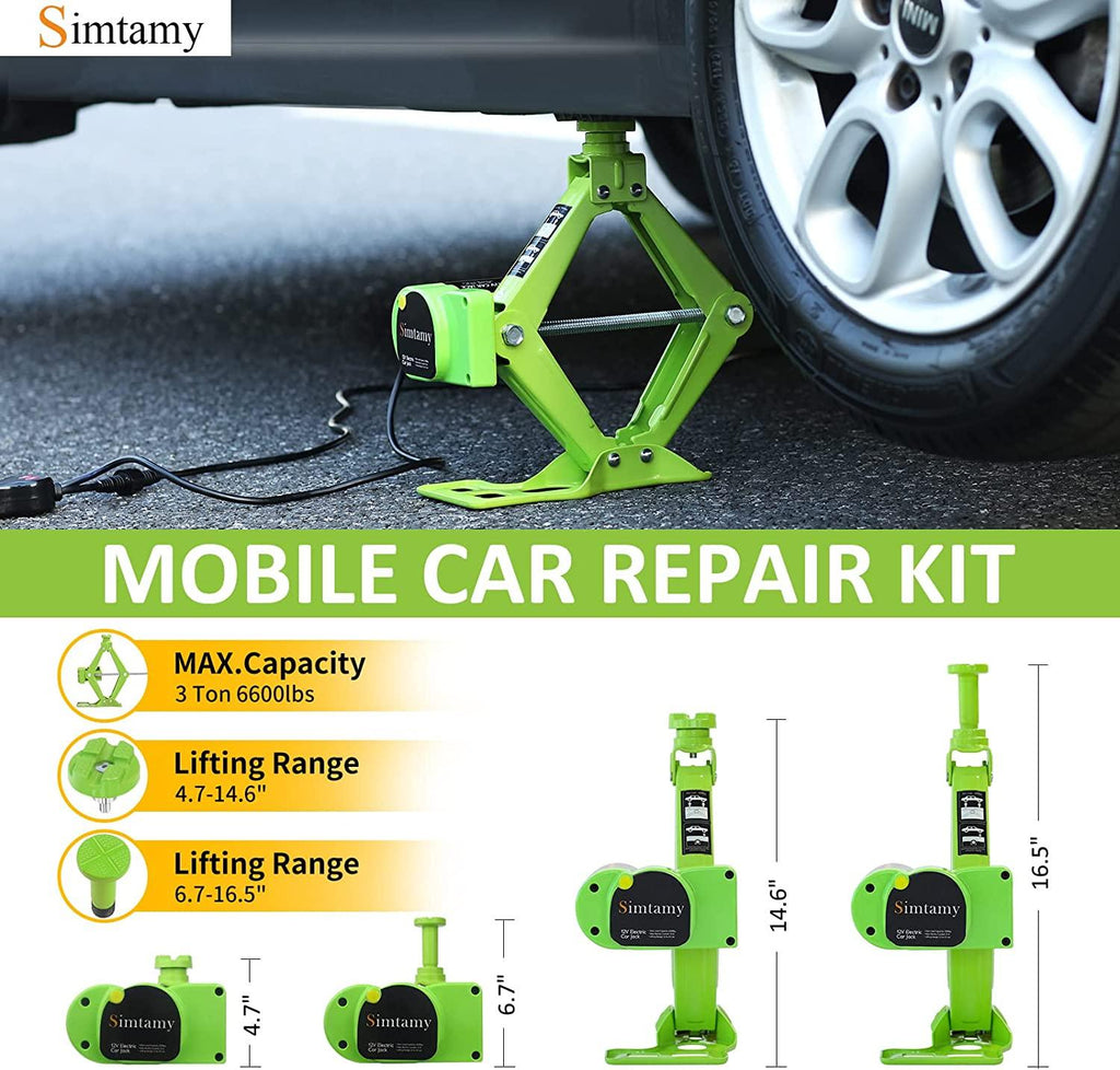 Simtamy Electric Car Jack Kit 3 Ton(6,600lb) 12V Scissor Jack with Electric Impact Wrench, Portable Emergency Car Lift Tire ChanTools