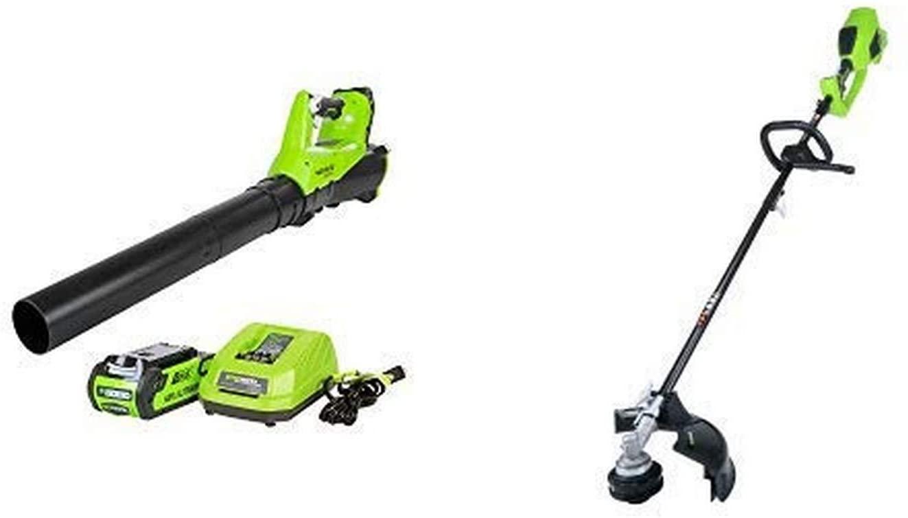 Greenworks 40V 115 MPH - 430 CFM Cordless Brushless Blower, 2.0 AH Battery Included BA40L210 with 14-Inch 40V Cordless String Trimmer (Attachment Capable), Battery Not Included 2100202