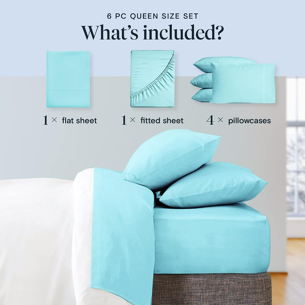 LuxClub 6 PC Queen Sheet Set Bamboo Sheets Deep Pockets 18" Eco Friendly Wrinkle Free Cooling Sheets Machine Washable Hotel Bedding Silky Soft - Aqua Queen