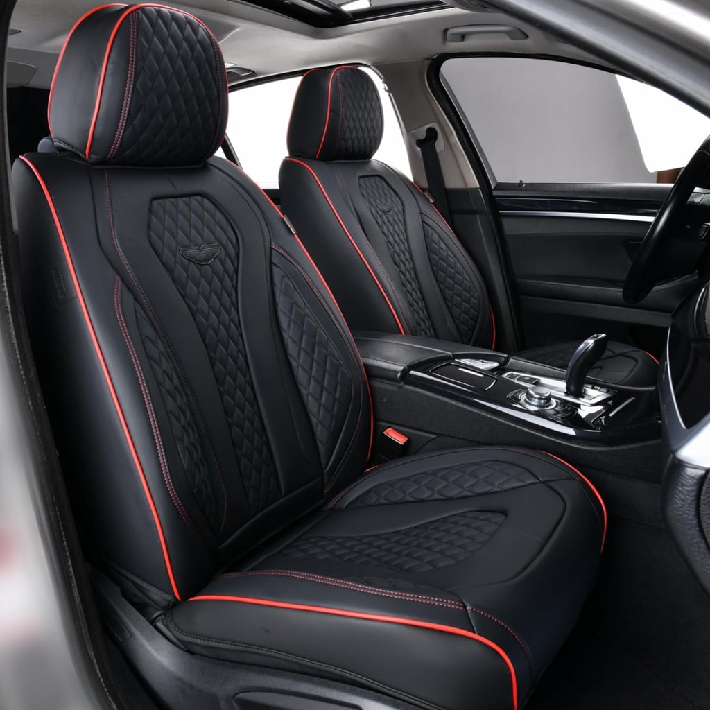 Coverado Leather Seat Covers Front, 2-Pack Universal Seat Covers for Cars, Waterproof Luxury Leatherette Car Seat Cushions, Auto Car Seats Protectors, Driver Seat Covers Fit for Most Vehicles Red line
