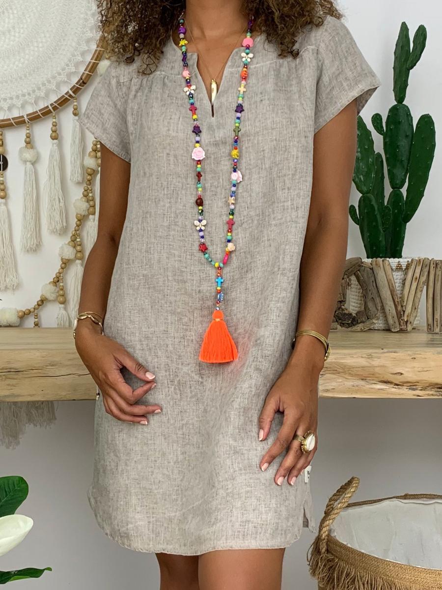 Cotton Linen V-neck Midi Shift Dress
