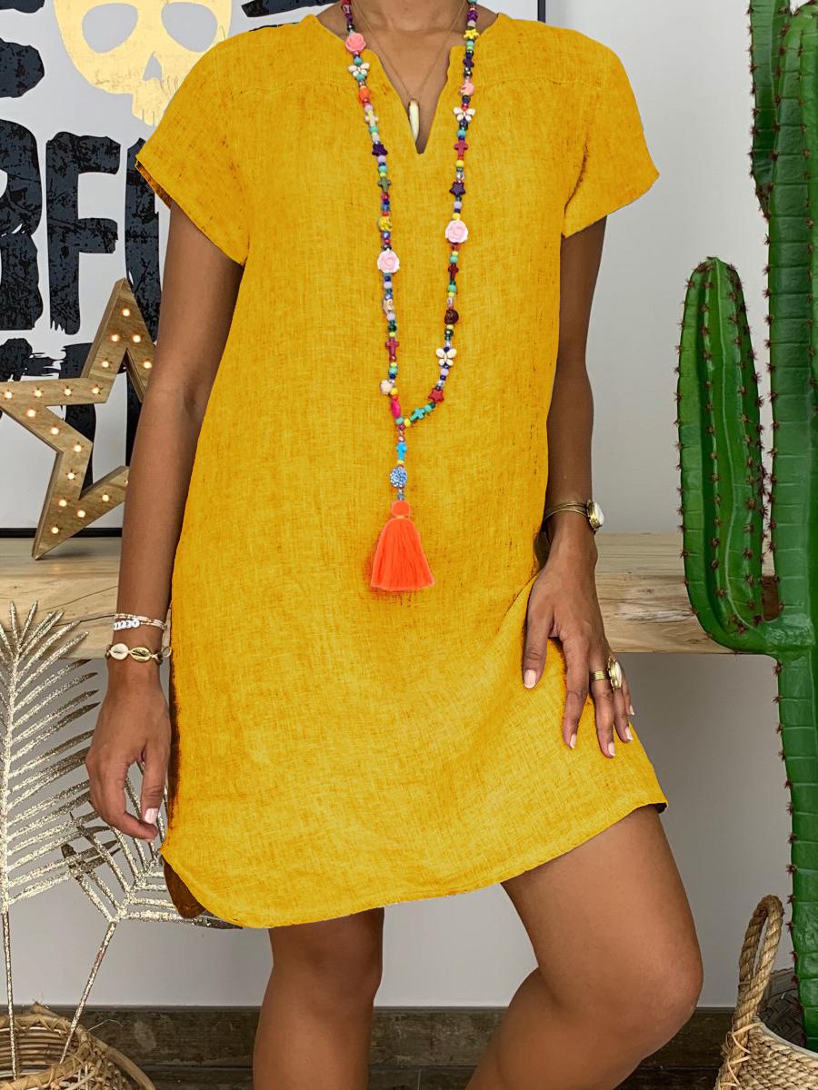Cotton Linen V-neck Midi Shift Dress