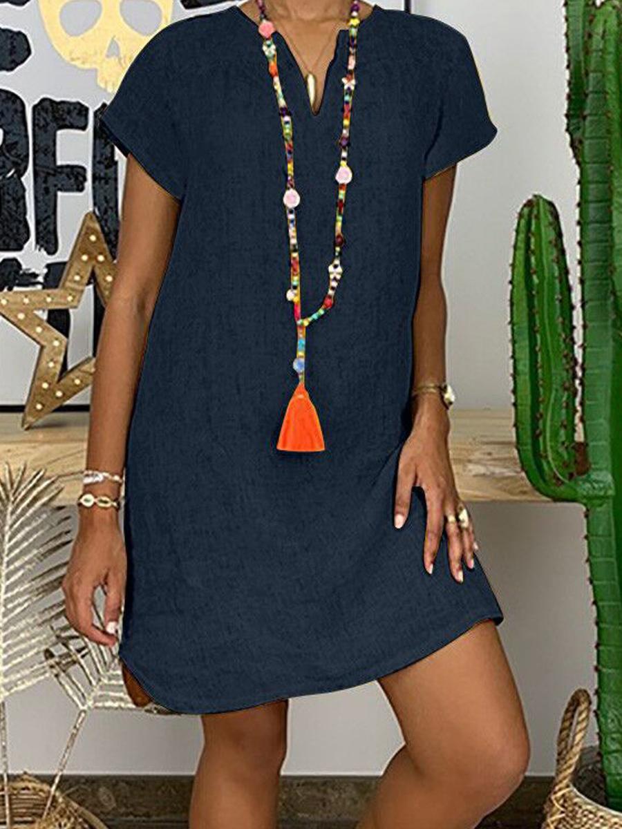Cotton Linen V-neck Midi Shift Dress