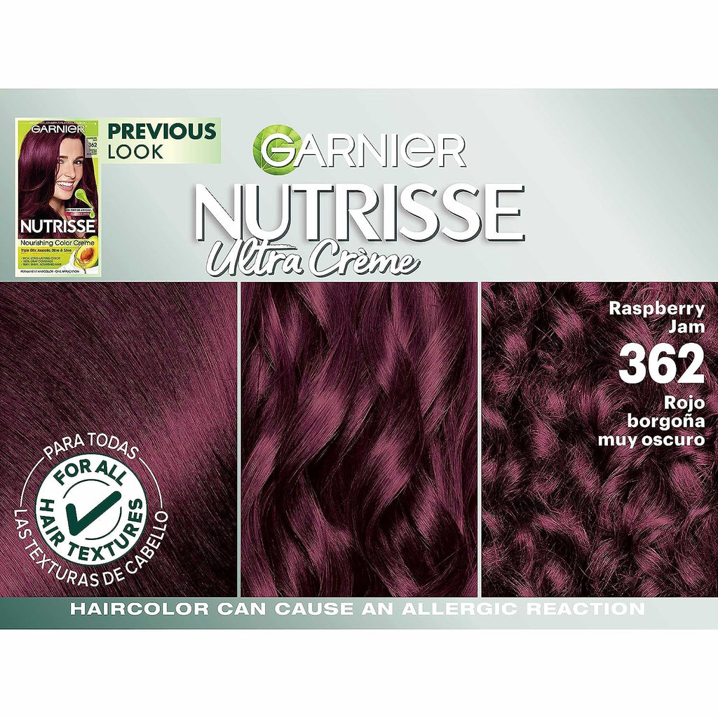 Garnier Hair Color Nutrisse Nourishing Creme, 362 Darkest Berry Burgundy (Raspberry Jam) Red Permanent Hair Dye, 2 Count (Packaging May Vary)