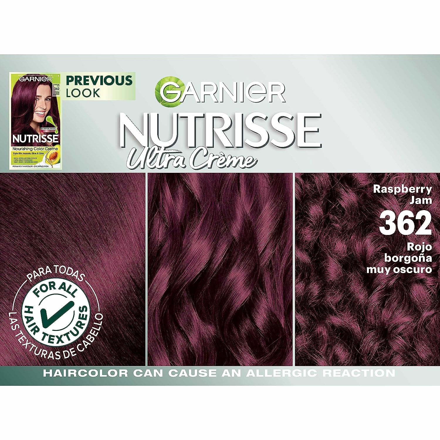 Garnier Hair Color Nutrisse Nourishing Creme, 362 Darkest Berry Burgundy (Raspberry Jam) Red Permanent Hair Dye, 2 Count (Packaging May Vary)