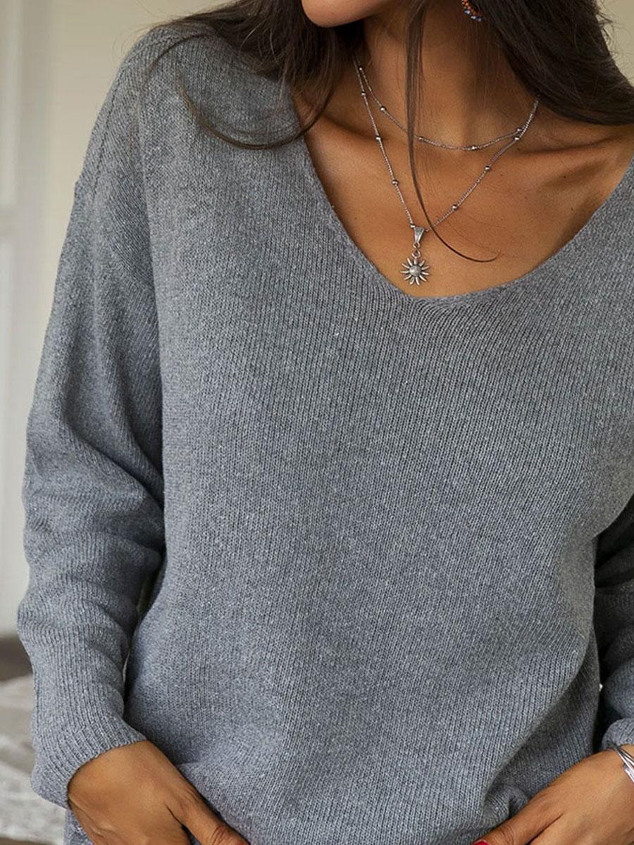 V-neck Solid Color Loose Casual Sweater Pullover