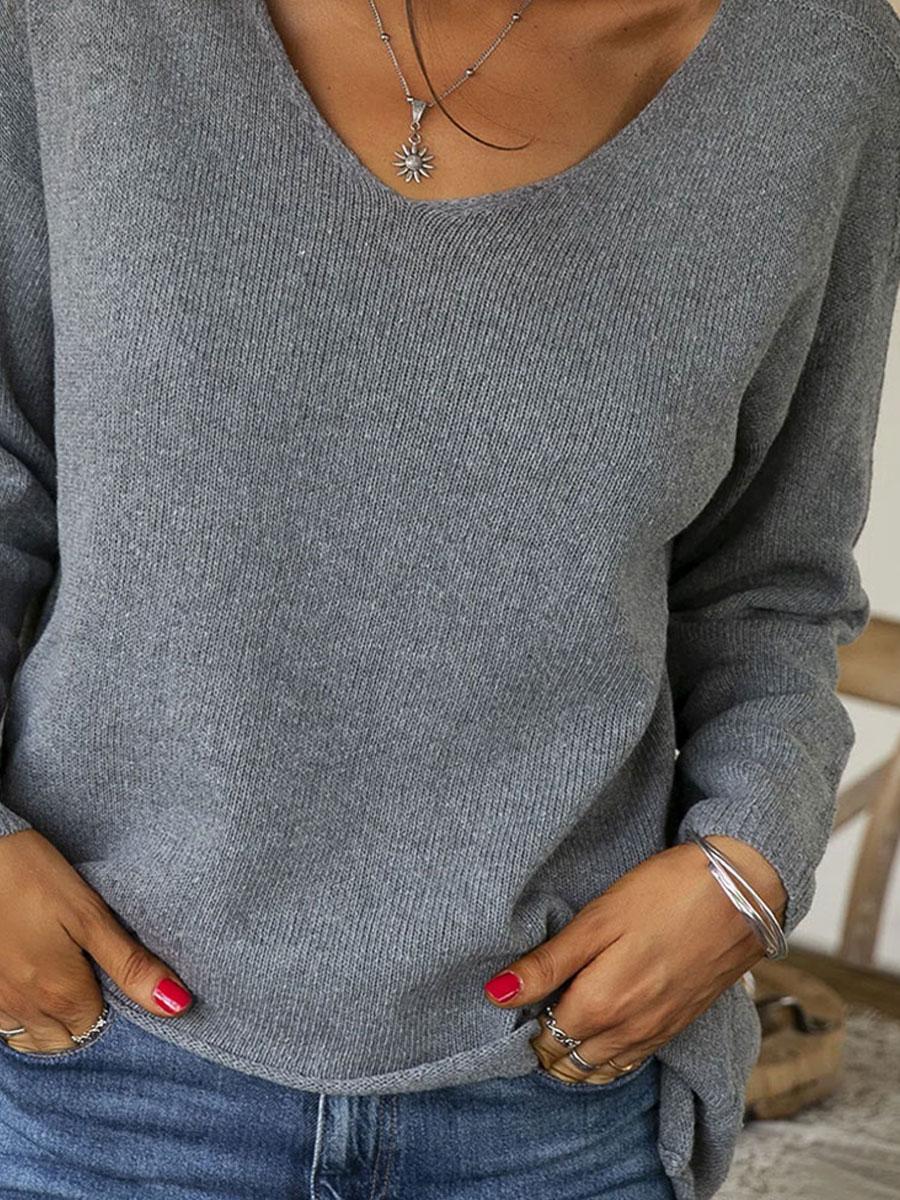 V-neck Solid Color Loose Casual Sweater Pullover