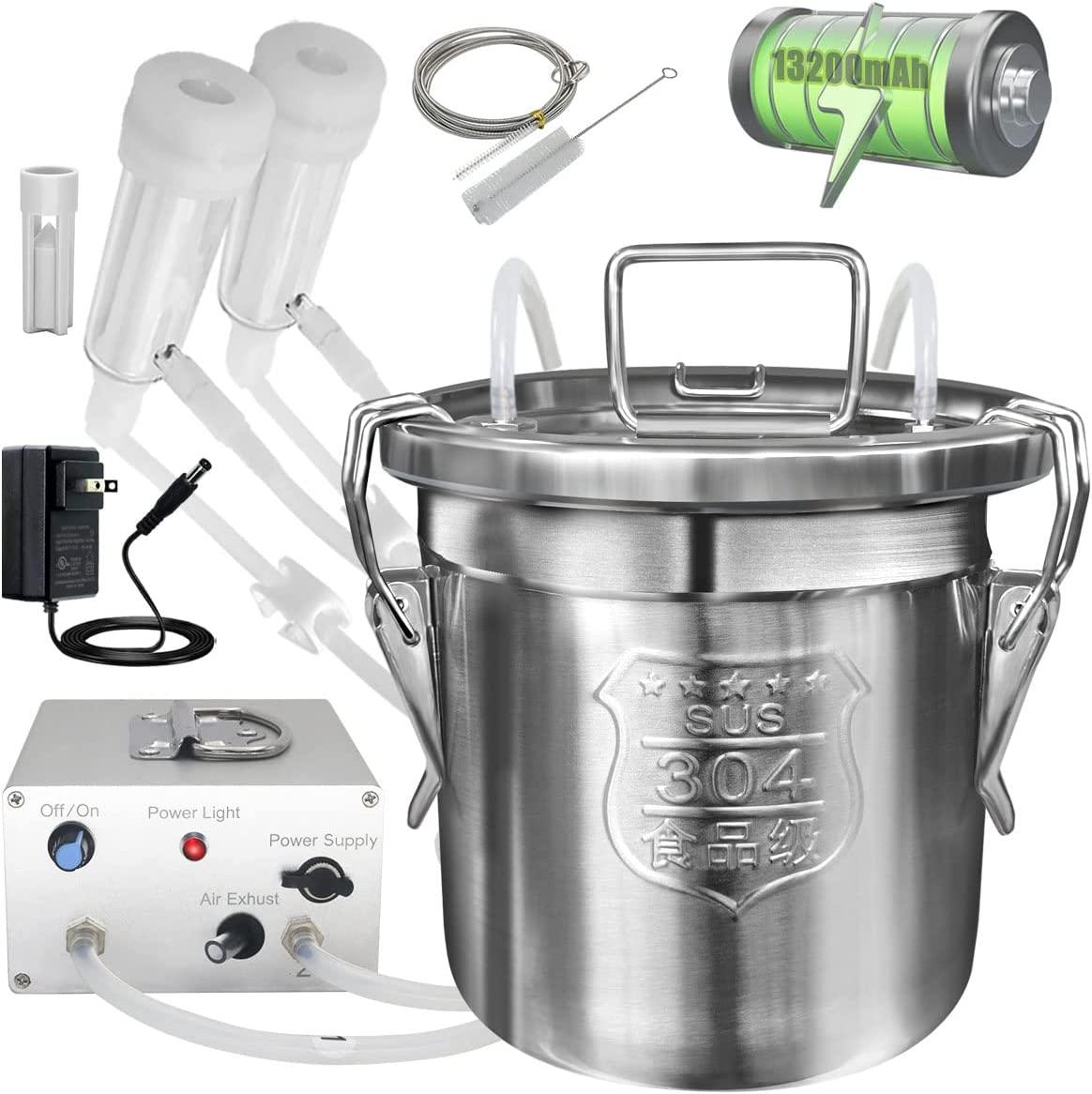Hantop 6L Goat MilMachine, Rechargeable Battery Powered Speed Adjustable Pulsating Vacuum Pump, 304  Steel Milk Bucket with Auto Stop Check Valve Goat Milker Machine (Pro Model)