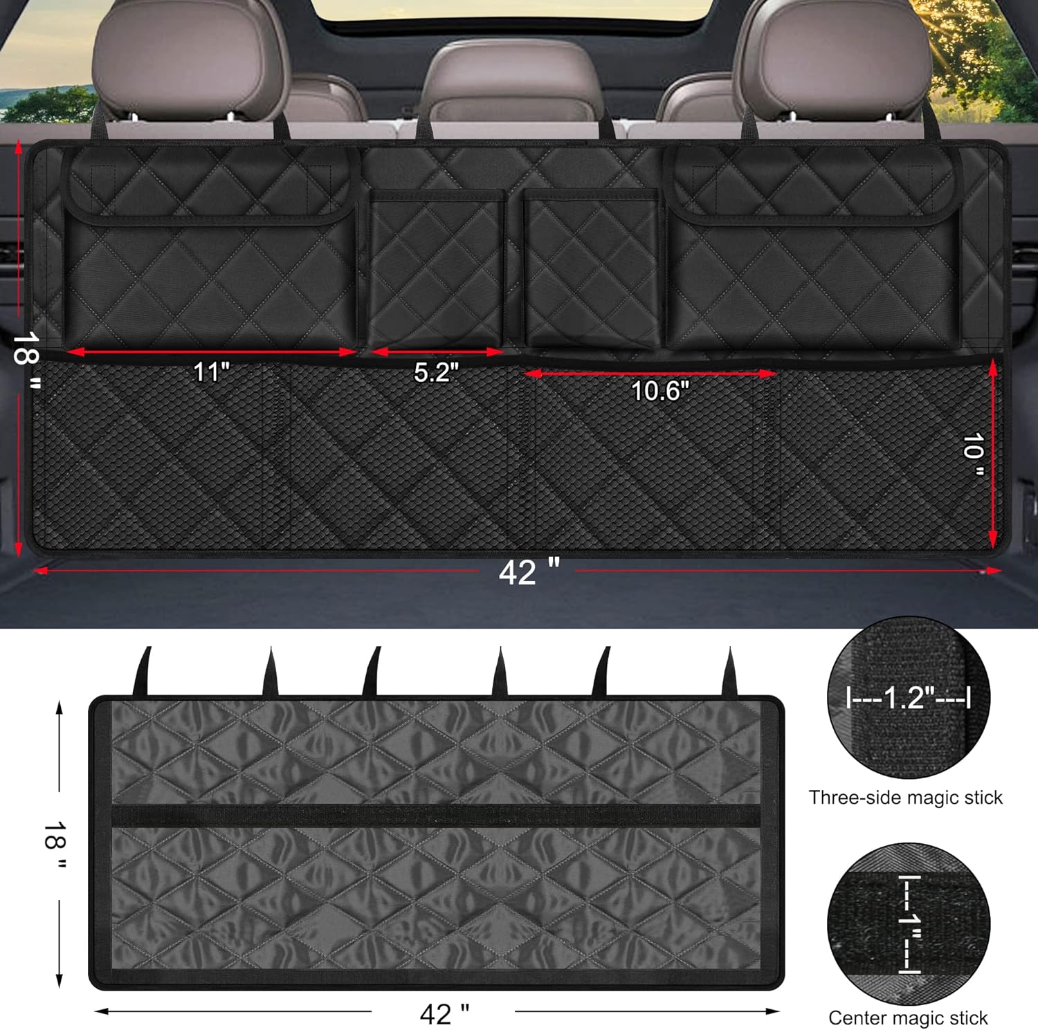Femuar Car Trunk Organizer,Large Capacity Backseat Trunk Organizer(42"*18"),Collapsible Car Storage Bag with 8 Pocekt,Car Organizer for SUV/MPV/Truck - Black