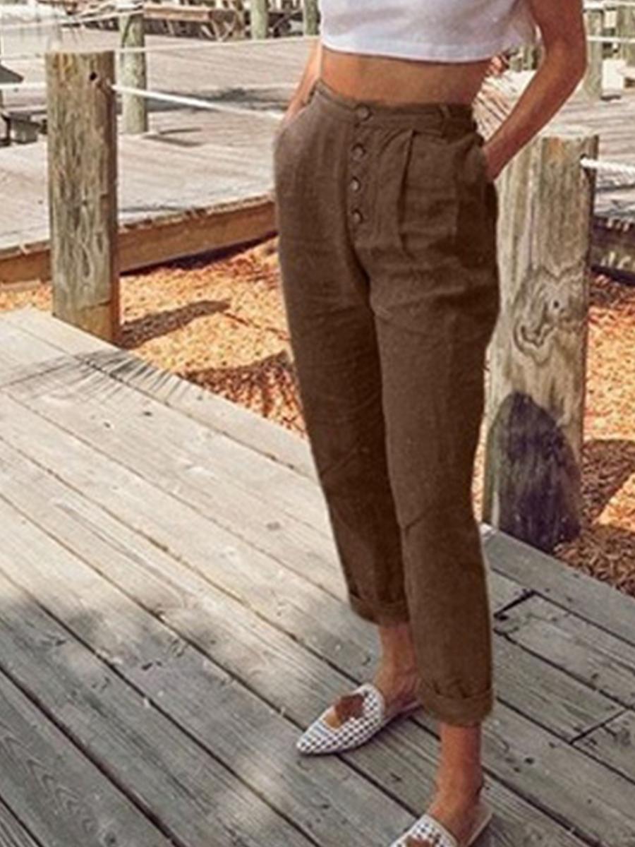 Women's Fashion casual linen button decoration 9 points pants