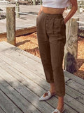 Women's Fashion casual linen button decoration 9 points pants