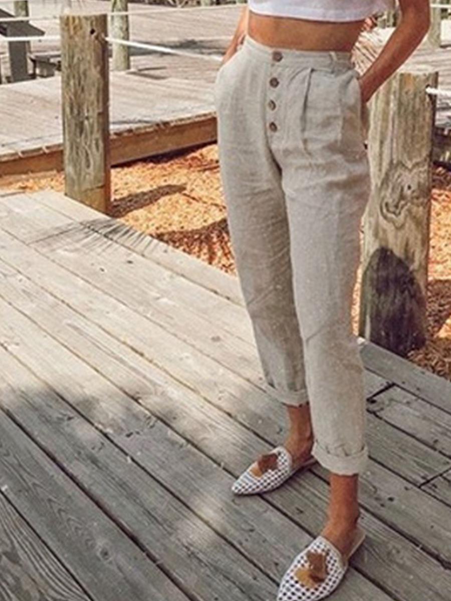 Women's Fashion casual linen button decoration 9 points pants