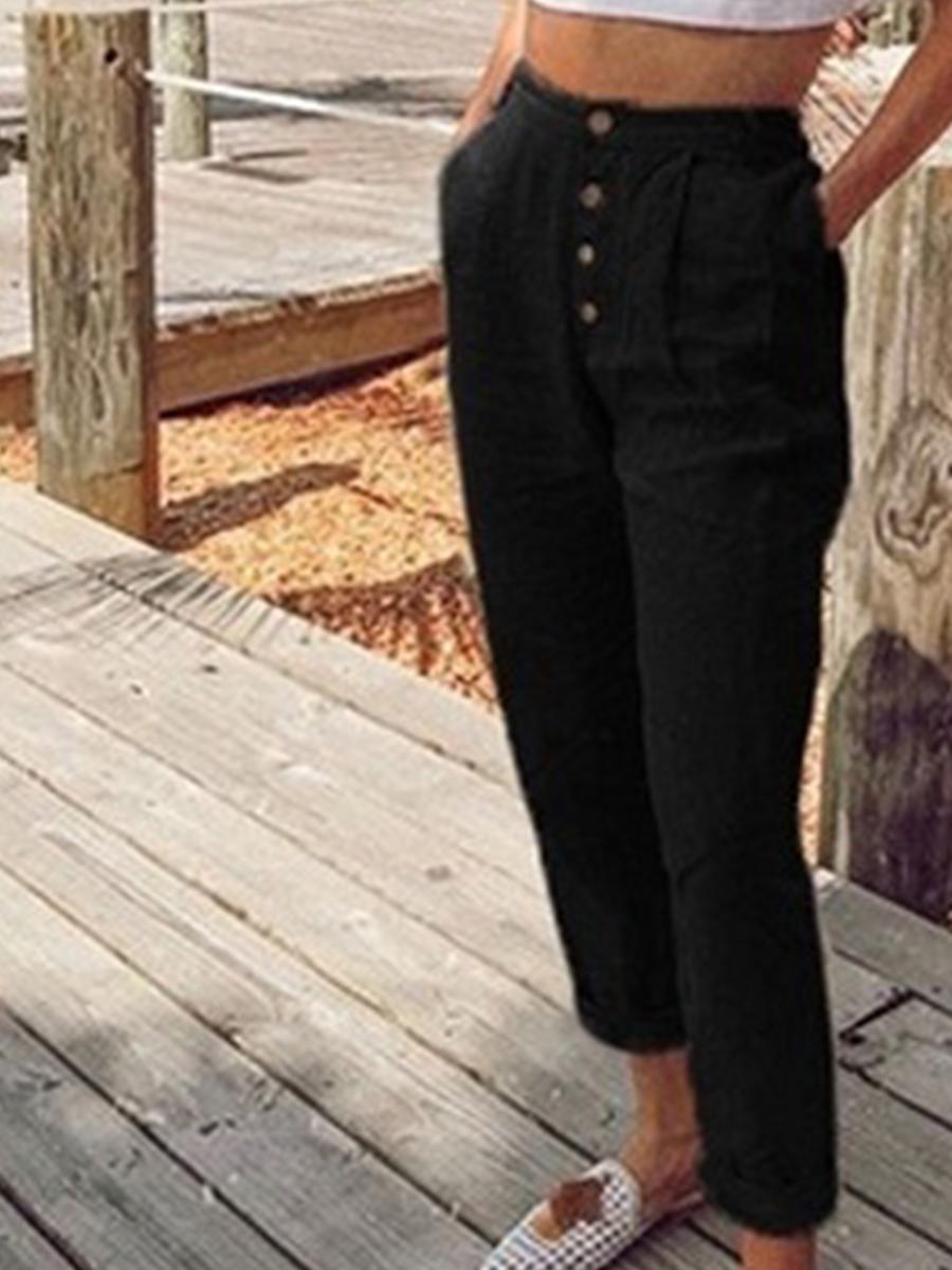 Women's Fashion casual linen button decoration 9 points pants