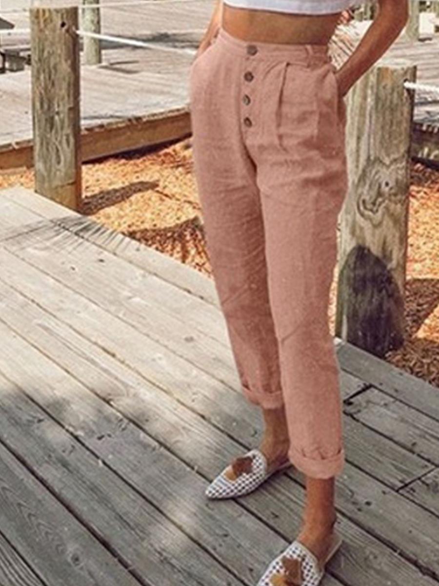 Women's Fashion casual linen button decoration 9 points pants