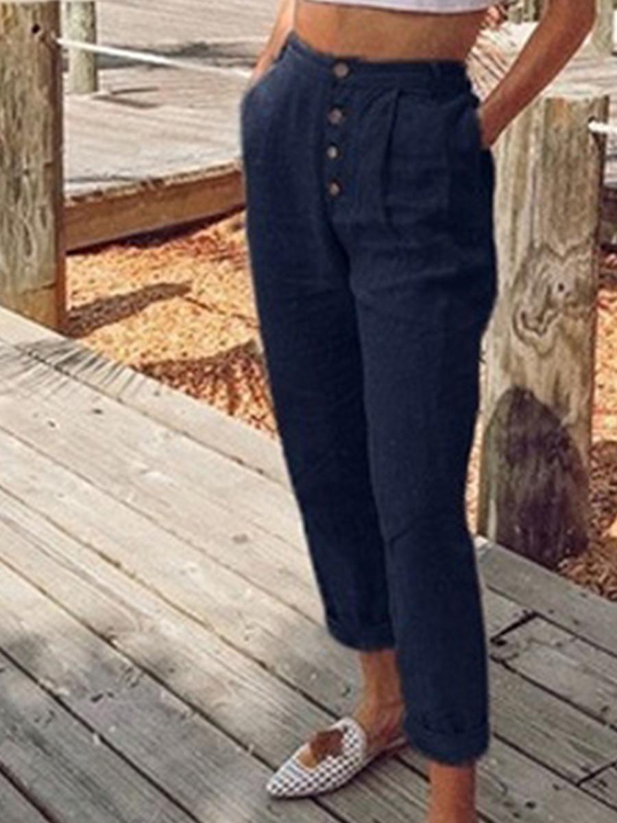 Women's Fashion casual linen button decoration 9 points pants