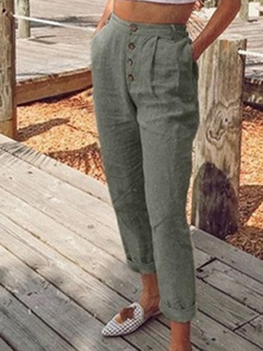 Women's Fashion casual linen button decoration 9 points pants